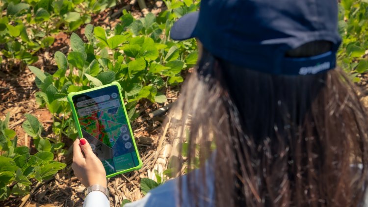 Female farmer looking at phone